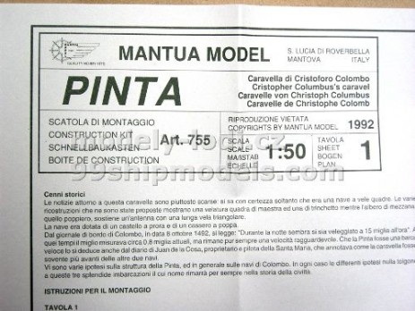 Model lodi Pinta, stavebnice Mantua MM755  - dokumentace